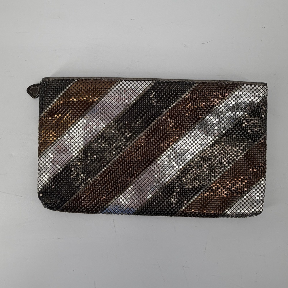 Whiting and Davis Metallic Mesh Striped Zip Clutch Bag Silver Bronze Gunmetal